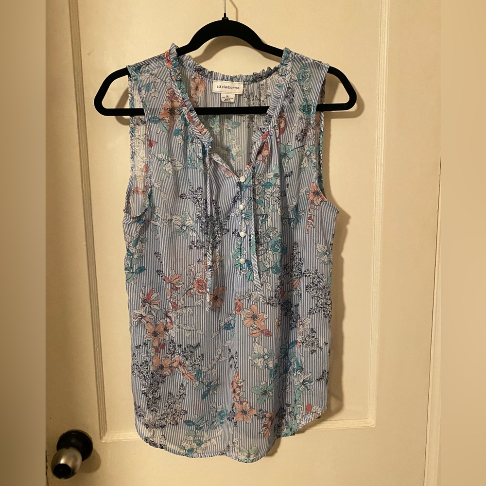 Liz Claiborne sleeveless blouse XL sheer floral blue and white stripes Summer